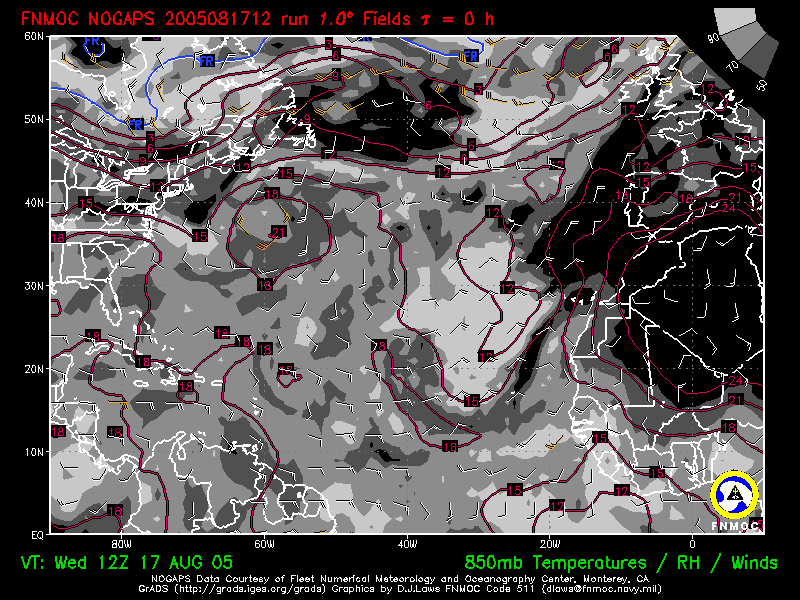 product: 850 hPa Temperature [C], winds [kts] and Rel. Hum. [%], area: Atlantic, tau: 000 